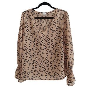 A New Day Blouse Womens L Leopard Print V-Neck Smocked‎ Ruffle Cuff Tan Black